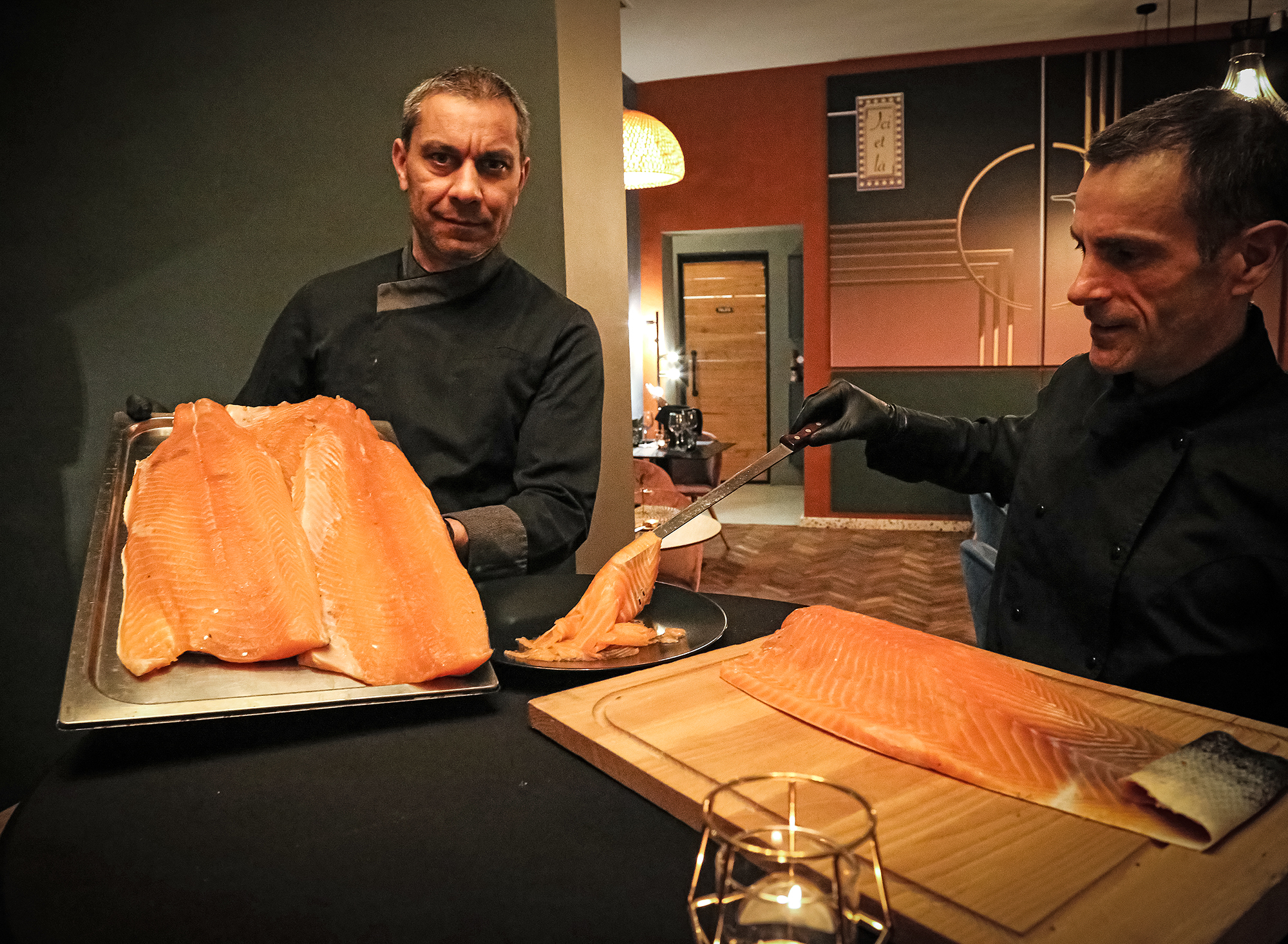 Chef preparing salmon