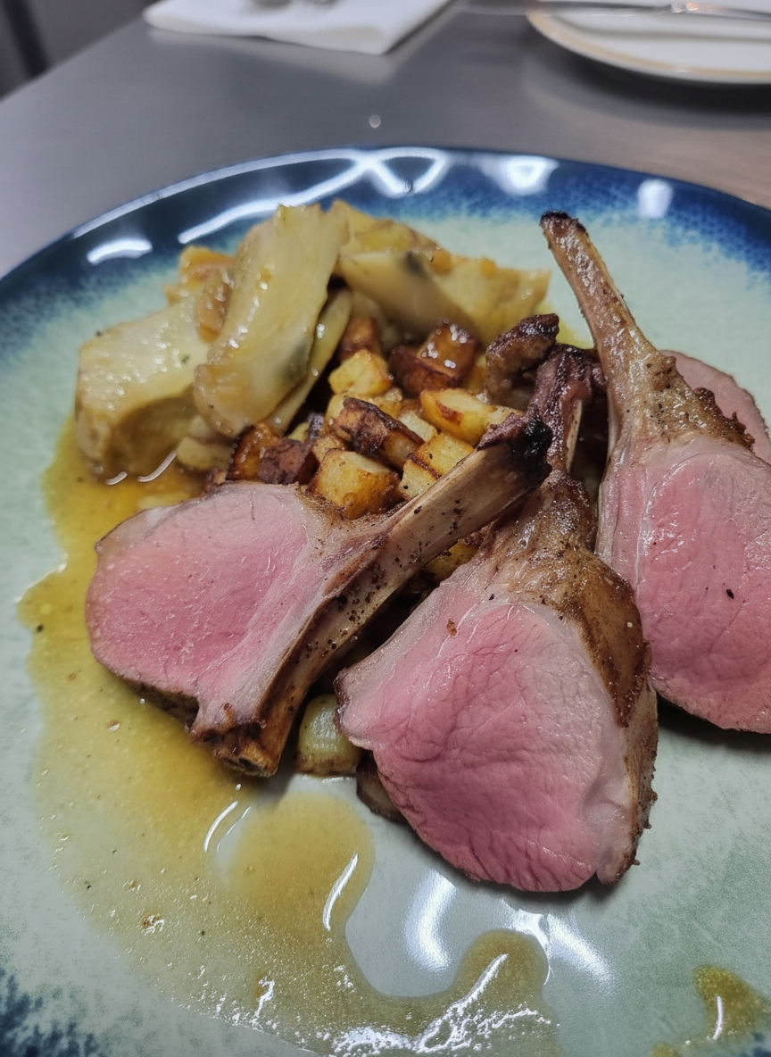 Carré d'agneau rôti aux pommes rissolées